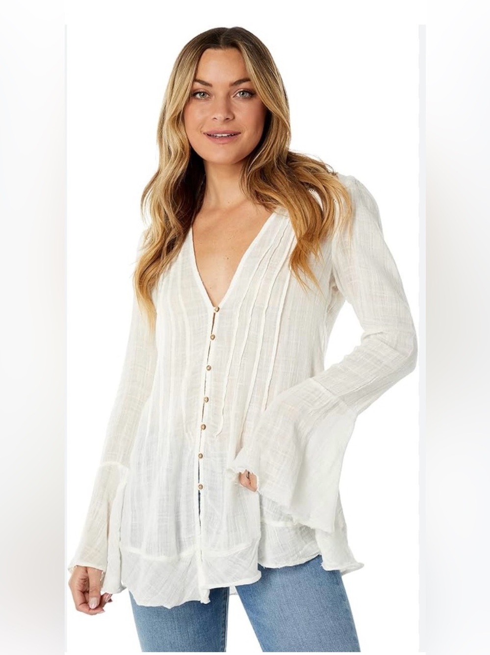 Free People Greta White Lightweight Button-Front Gauze Blouse